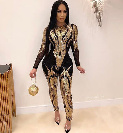 Sequined women's long-sleeved see-through jumpsuit