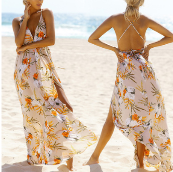 USA SIZE Sexy Deep V-neck Halter Beach Dress Solid Color Bandage Long Dress