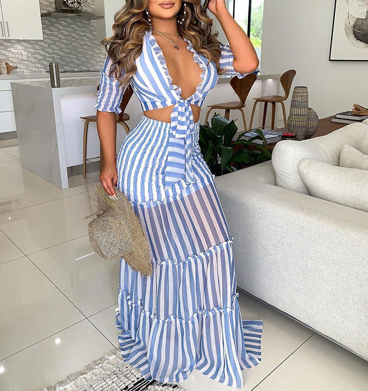 Two Piece Striped See Through Slim Sexy Dress