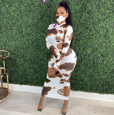 Sexy Ripped Long-Sleeved Long-Sleeved Waist Printed Maxi Dress