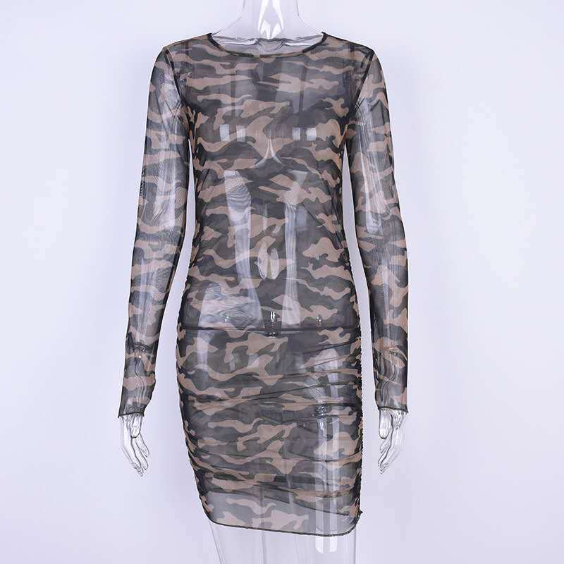 Mesh Camouflage Hot Sale Tight See-Through Bag Hip Dress