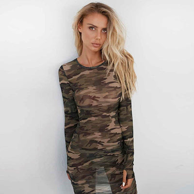 Mesh Camouflage Hot Sale Tight See-Through Bag Hip Dress