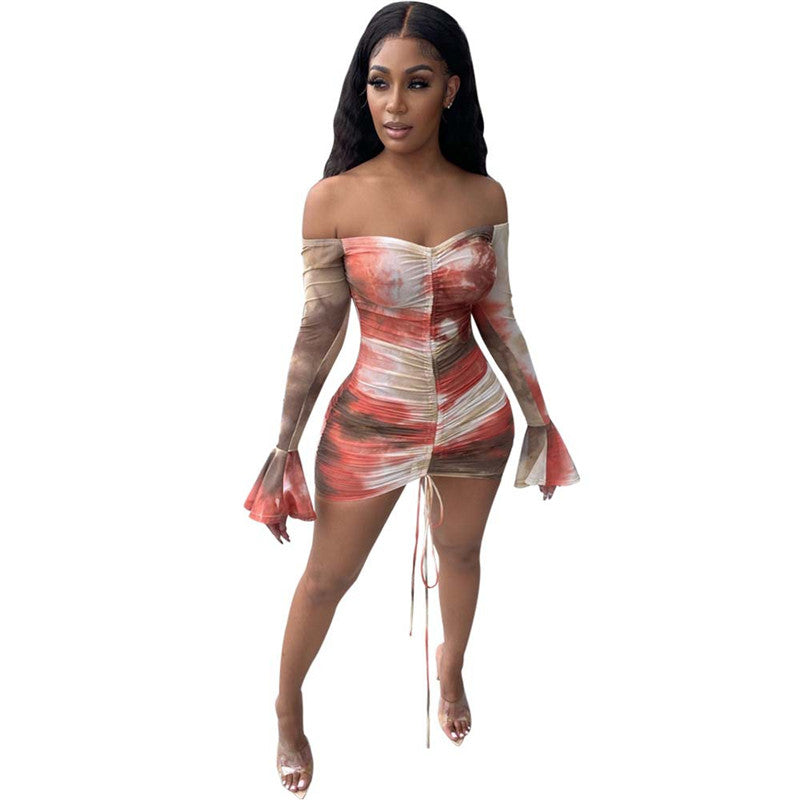 One-shoulder Mesh Printed See-through Dress