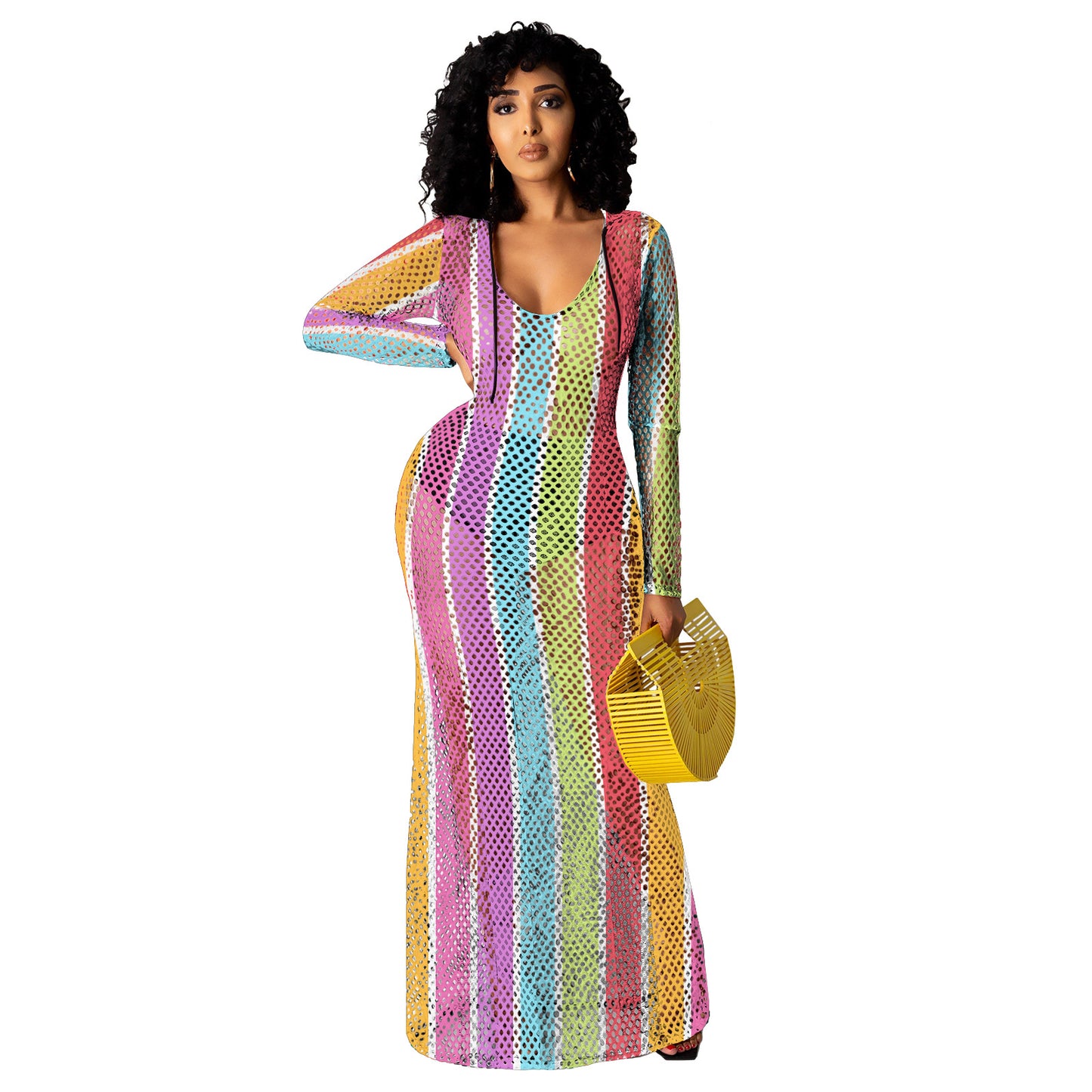 Hollow Perspective Color Mesh Beach Blouse Dress