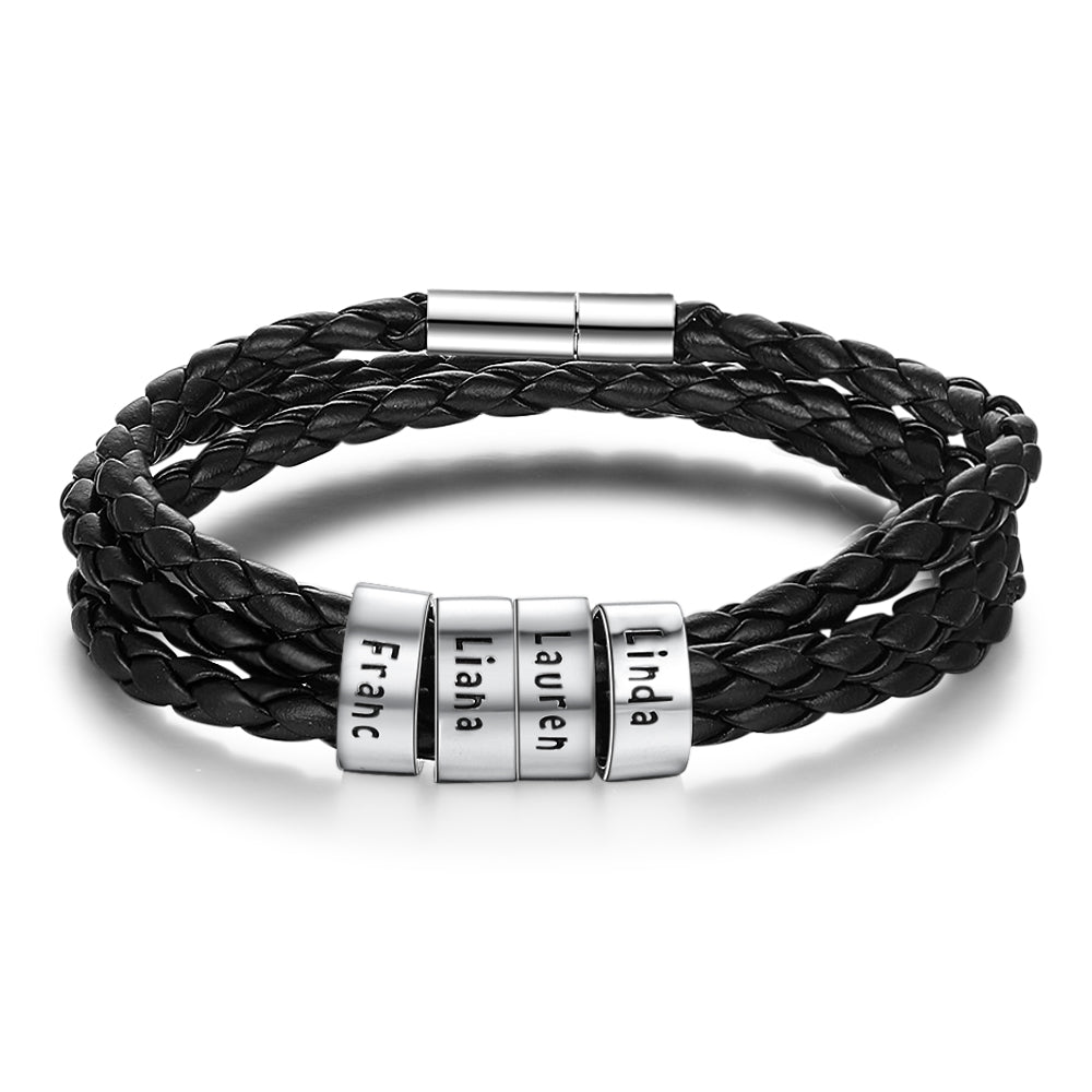 Personalized Mens Braided Genuine Leather Bracelet Stainless Steel Custom Beads Name Charm Bracelet For Men With Family Names