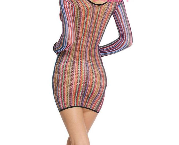 Rainbow Mesh Slip On Dress Body Stocking Sexy See Through Hollow Out