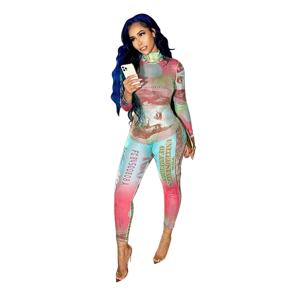 Sexy Mesh See-Through Print Long-Sleeved Jumpsuit
