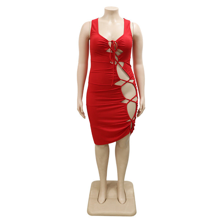 Solid Color Cutout Tie Large Size Sling Dress