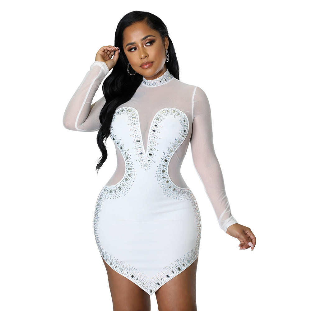 Women's Hot And Drilled Mesh See-through Long-sleeved Irregular Dress