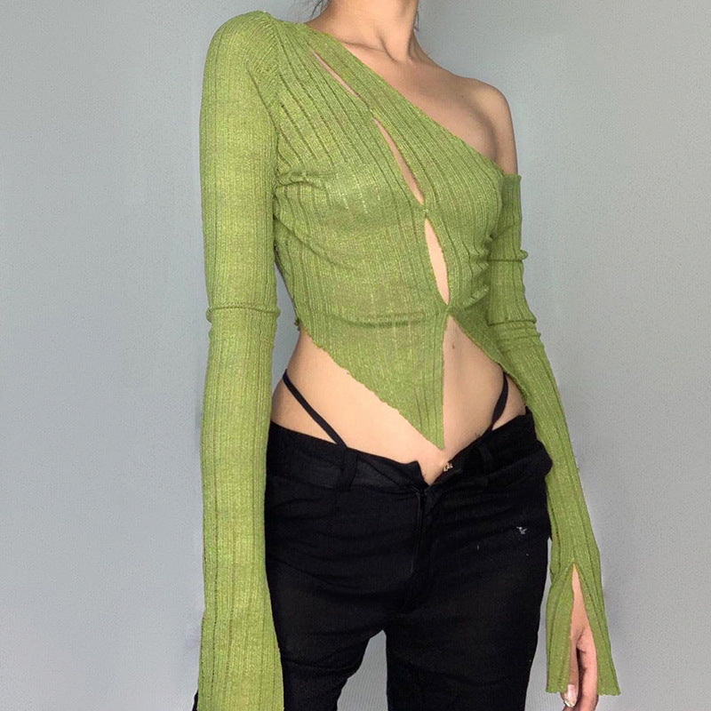 Single-breasted Knit See-through Long-sleeved T-shirt Top Women