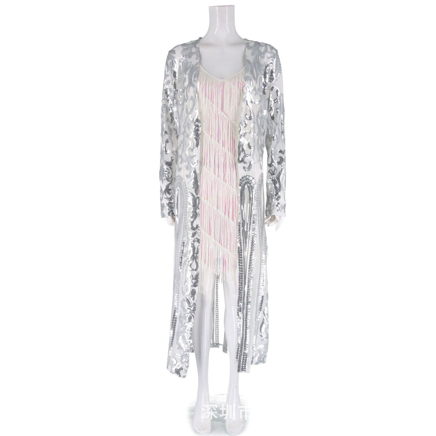 European and American sexy sequins see-through cardigan dress