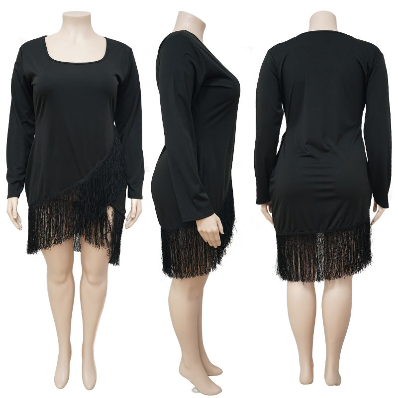 Sexy Solid Color Long-sleeved Fringed Sexy Dress