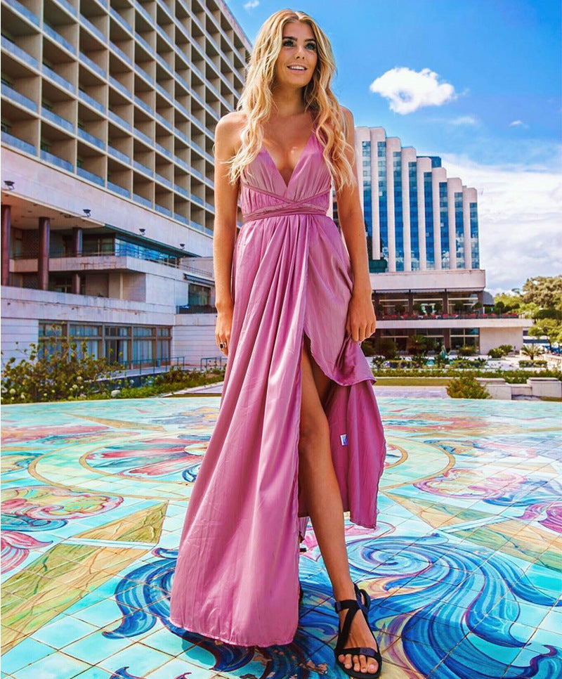 USA SIZE Sexy Deep V-neck Halter Beach Dress Solid Color Bandage Long Dress