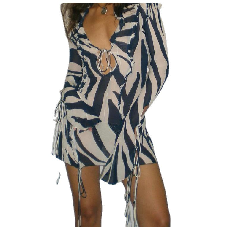 Printed Long-sleeved Peplum Zebra Print Sheath Lace-up See-through Dress