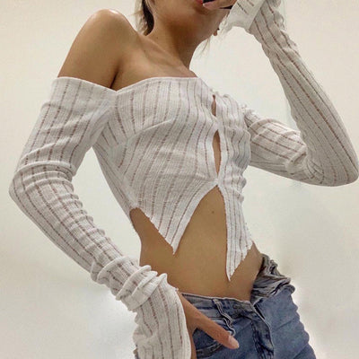 Single-breasted Knit See-through Long-sleeved T-shirt Top Women
