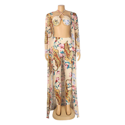 Sexy Women Three-Piece Mesh See-Through Shawl Long Coat