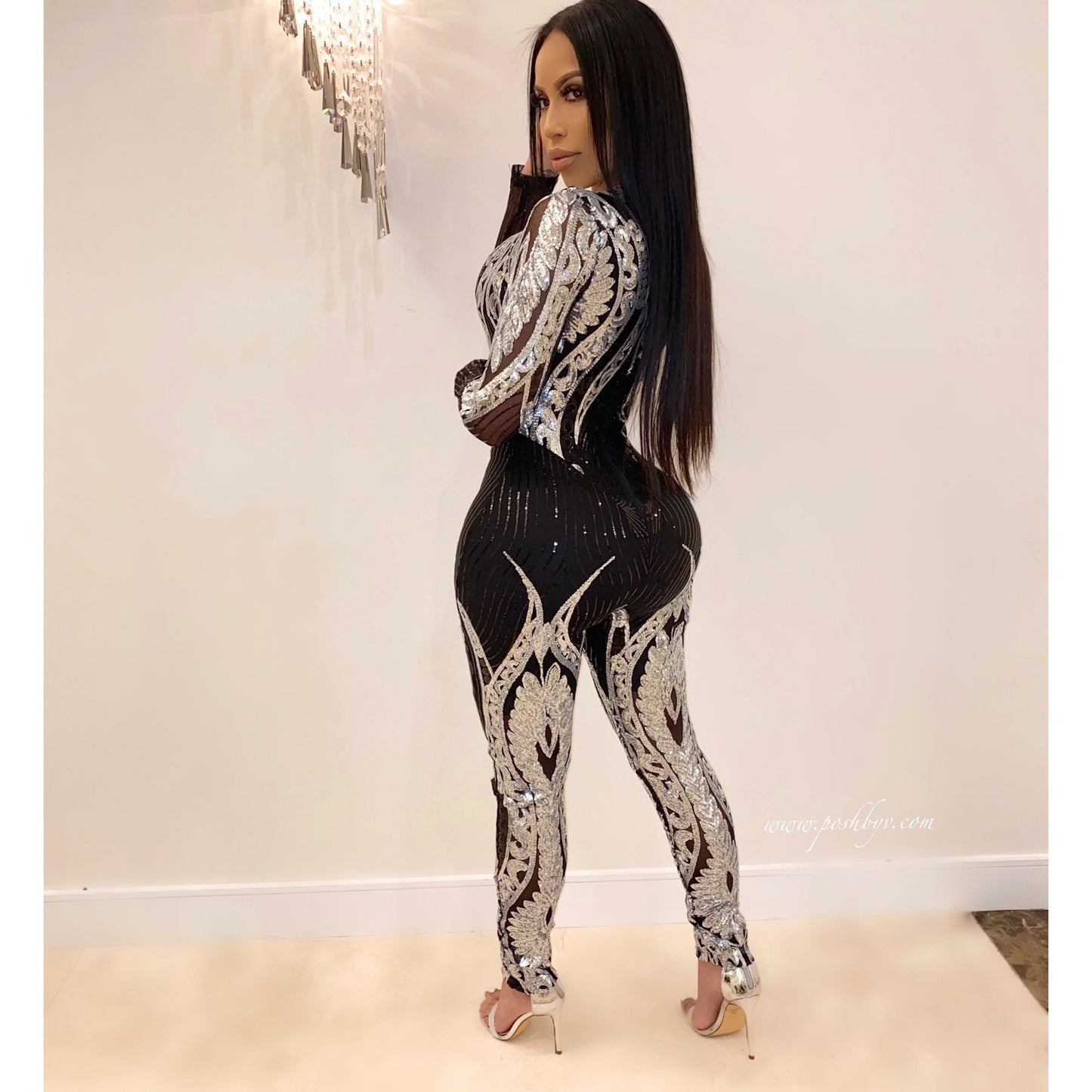 Sequined women's long-sleeved see-through jumpsuit