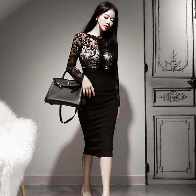 Women's See-through Lace Stitching Pencil Dress
