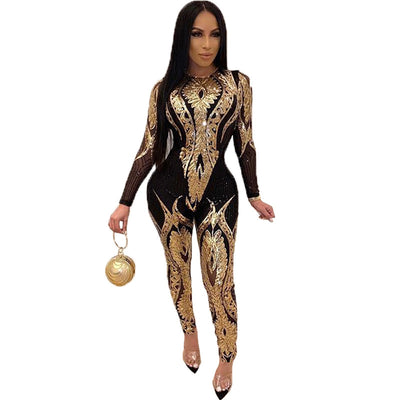 Sequined women's long-sleeved see-through jumpsuit