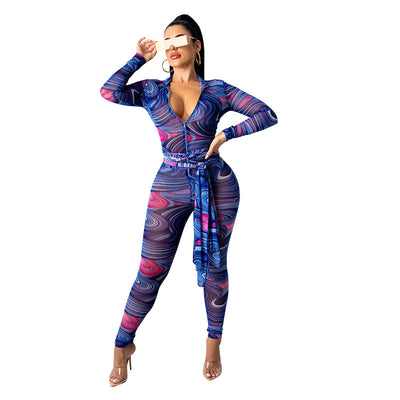 Printed Sexy Nightclub Long-Sleeved Mesh See-Through Jumpsuit
