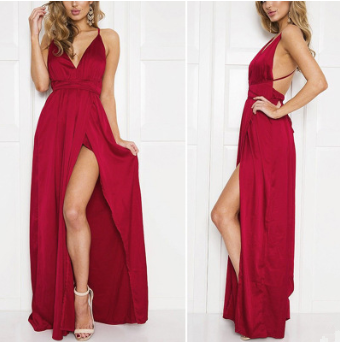 USA SIZE Sexy Deep V-neck Halter Beach Dress Solid Color Bandage Long Dress