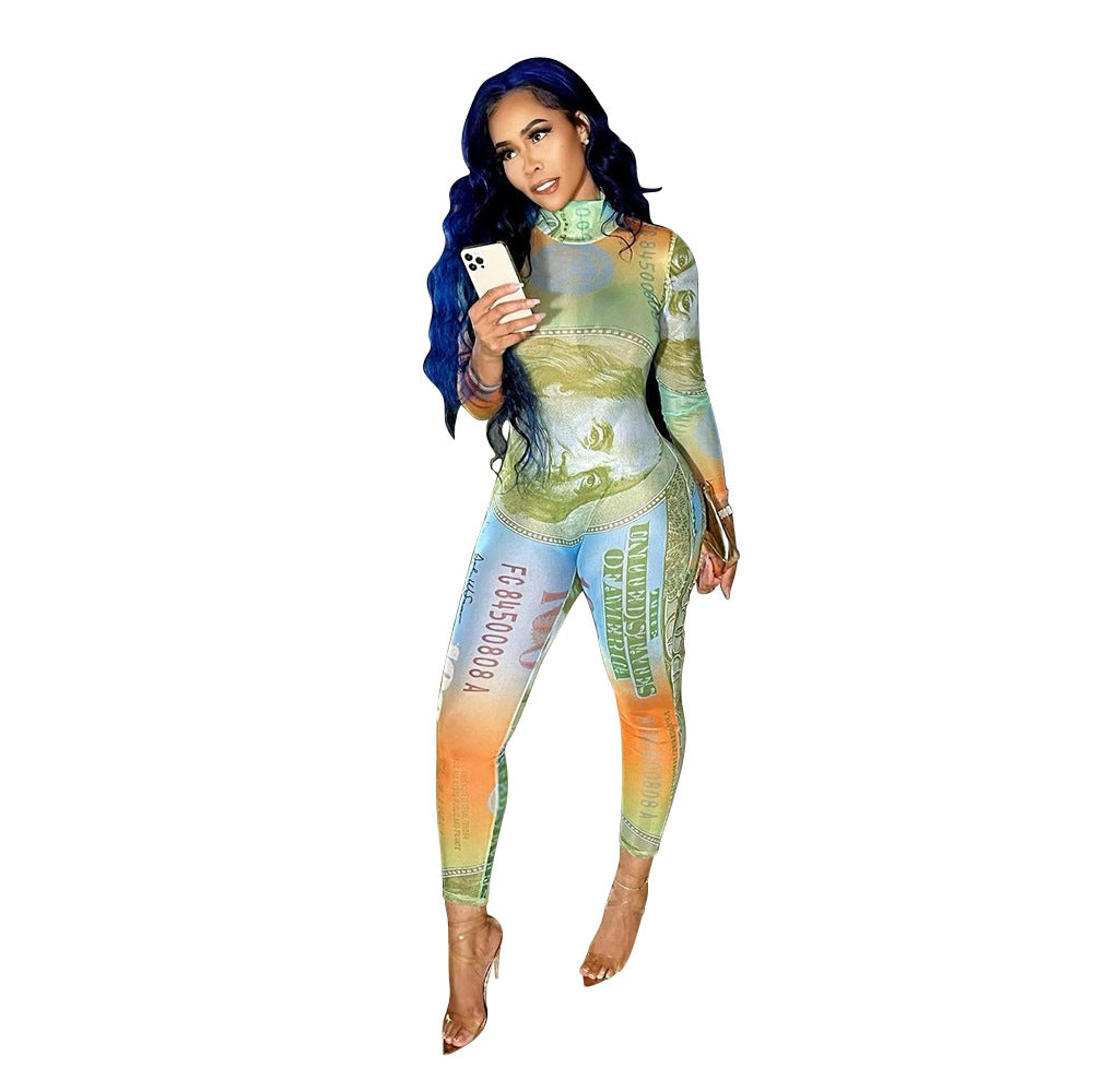 Sexy Mesh See-Through Print Long-Sleeved Jumpsuit
