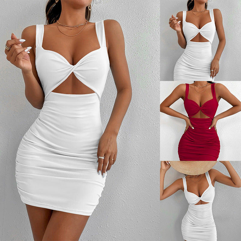 Solid Color New Dress Square Neck Sleeveless High Waist Short Section Intellectual Wind Package Hip Dress