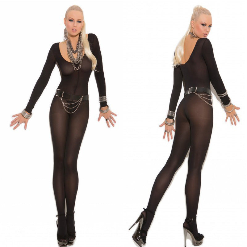 See-through Stockings Crotch Long-sleeve Jumpsuit