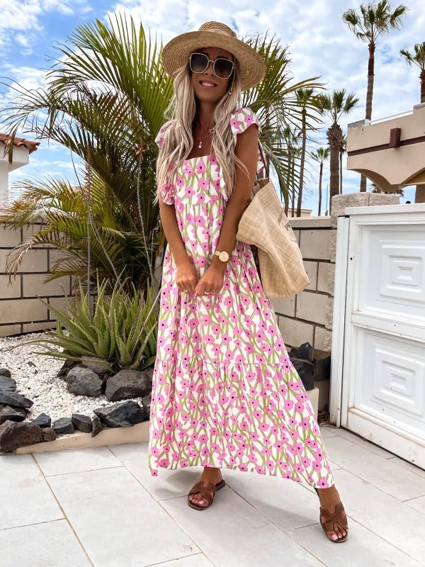 Amazon AliExpress New Fashion Short Sleeve Printed Maxi Dress Beach Dress