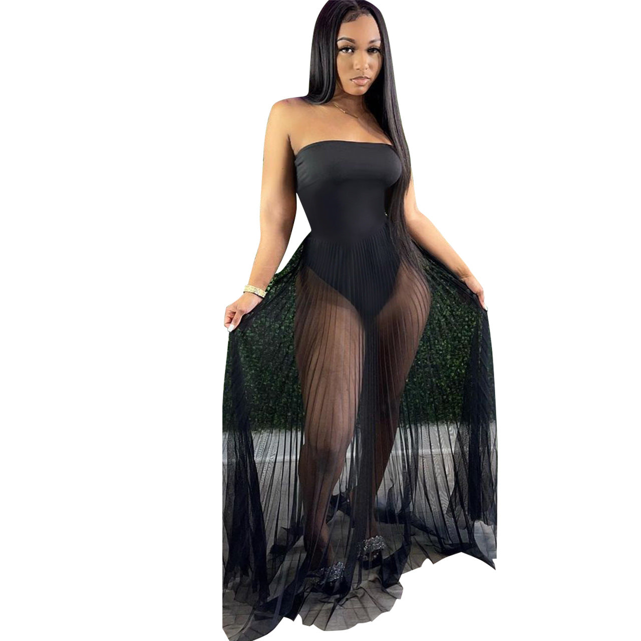 Sexy Mesh See-through Dress With Wrapped Chest