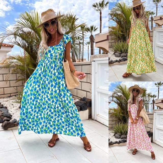 Amazon AliExpress New Fashion Short Sleeve Printed Maxi Dress Beach Dress