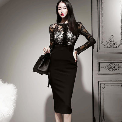 Women's See-through Lace Stitching Pencil Dress