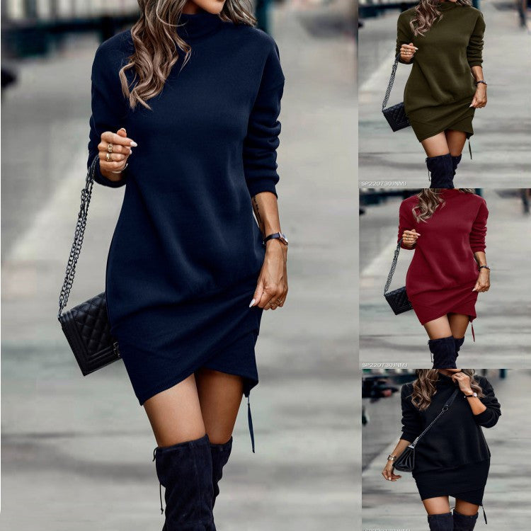 Long Sleeve Dress Solid Color High Neck Cross Short Dress Womens Clothing