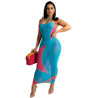 Women's Fashion Mesh See-Through Colorblock Dress