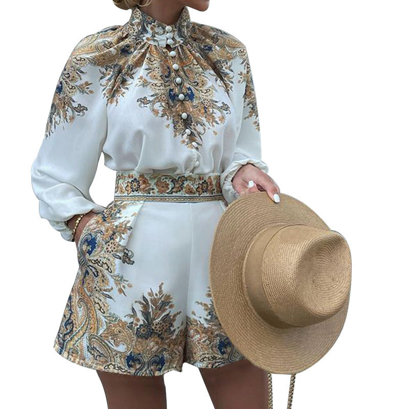 Women's Printed Long-sleeved Top Shorts Suit