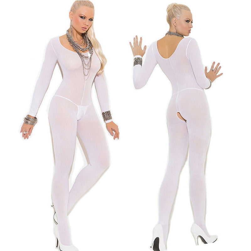 See-through Stockings Crotch Long-sleeve Jumpsuit