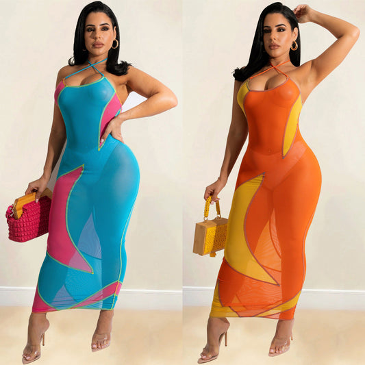 Women's Fashion Mesh See-Through Colorblock Dress