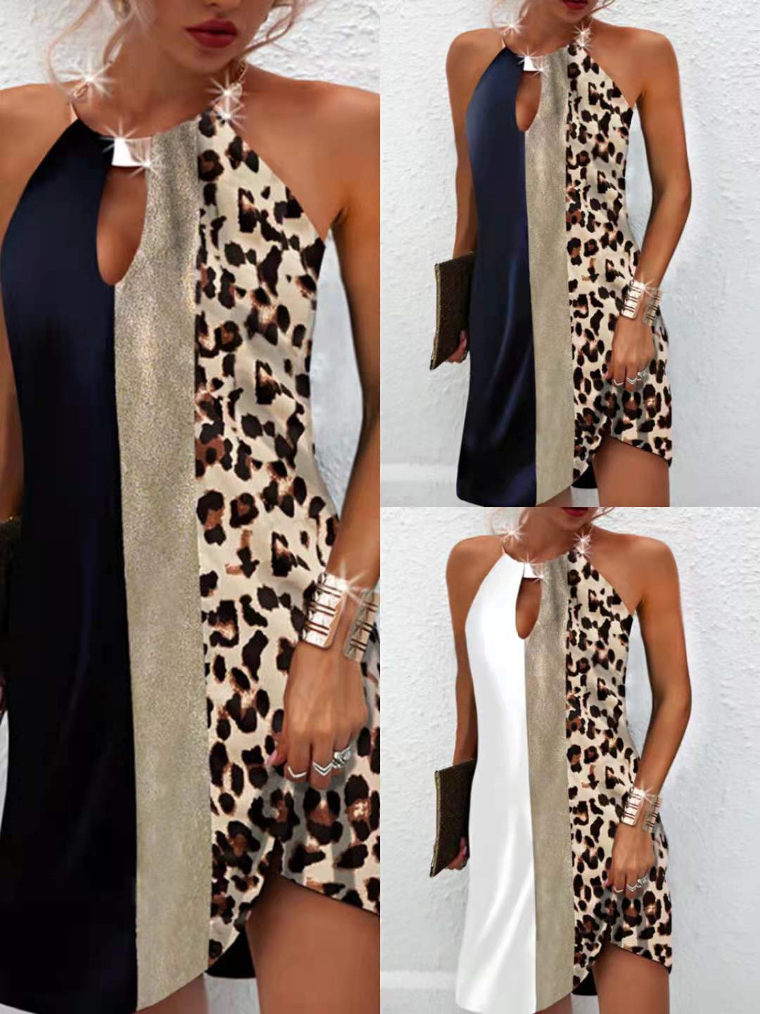 Leopard Print Sleeveless Back Metal Halter Dress