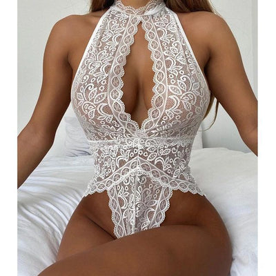 Sexy Women Lace Lace Cutout See-through V-neck Backless Bodysuit