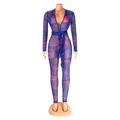 Printed Sexy Nightclub Long-Sleeved Mesh See-Through Jumpsuit
