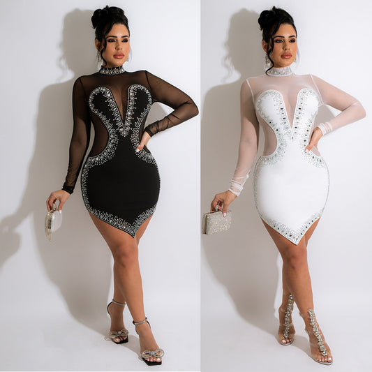 Women's Hot And Drilled Mesh See-through Long-sleeved Irregular Dress