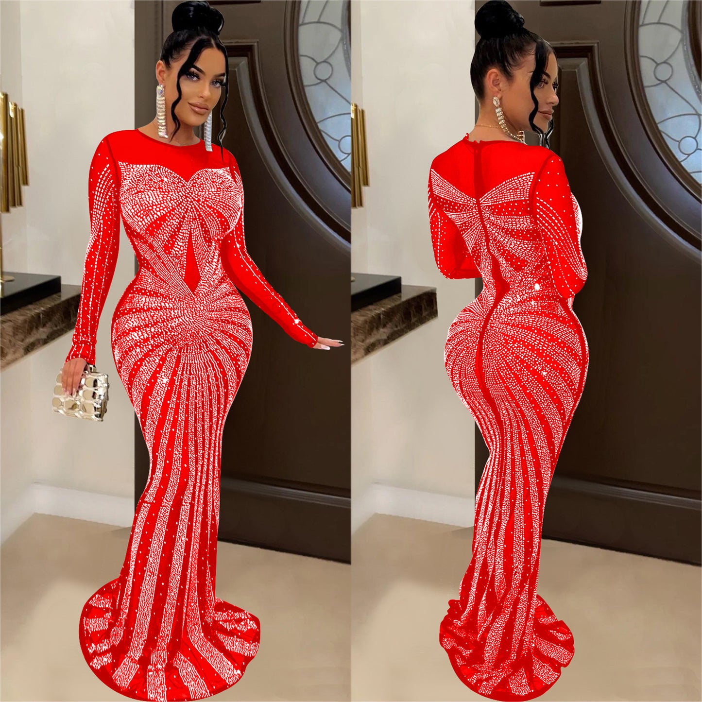 Women's Solid Color Mesh See-through Hot Drill Long-sleeved Long Dress