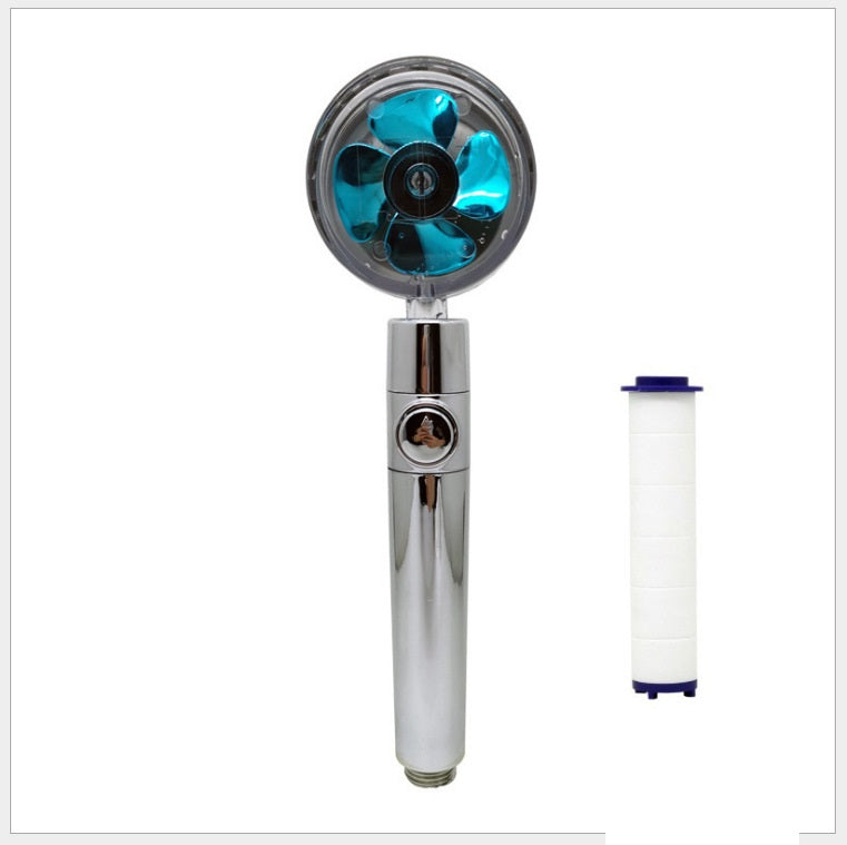 Propeller Driven Shower Head With Stop Button And Cotton Filter Turbocharged High Pressure Handheld Shower Nozzle