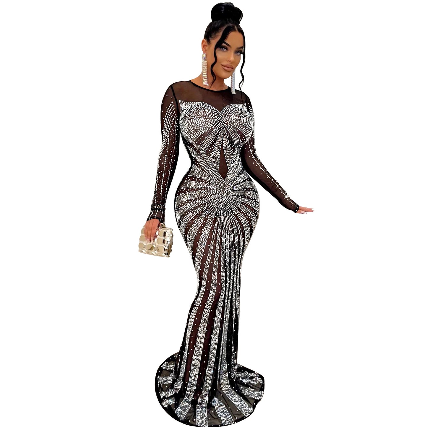 Women's Solid Color Mesh See-through Hot Drill Long-sleeved Long Dress