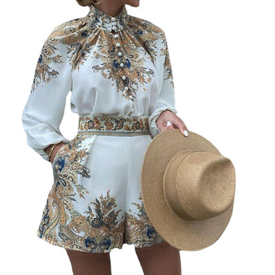 Women's Printed Long-sleeved Top Shorts Suit