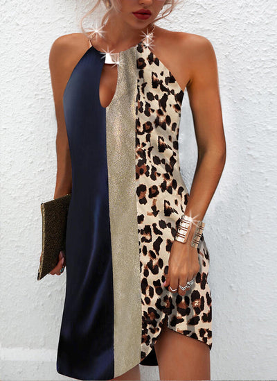Leopard Print Sleeveless Back Metal Halter Dress