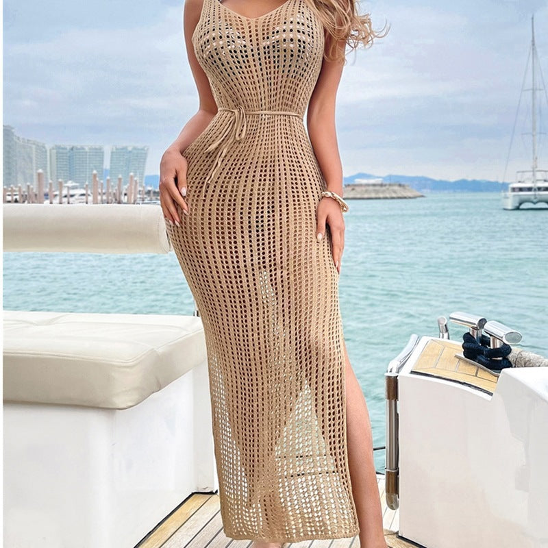 Beach Casual Solid Color Knitted Sling Knitted Hood Dress Women
